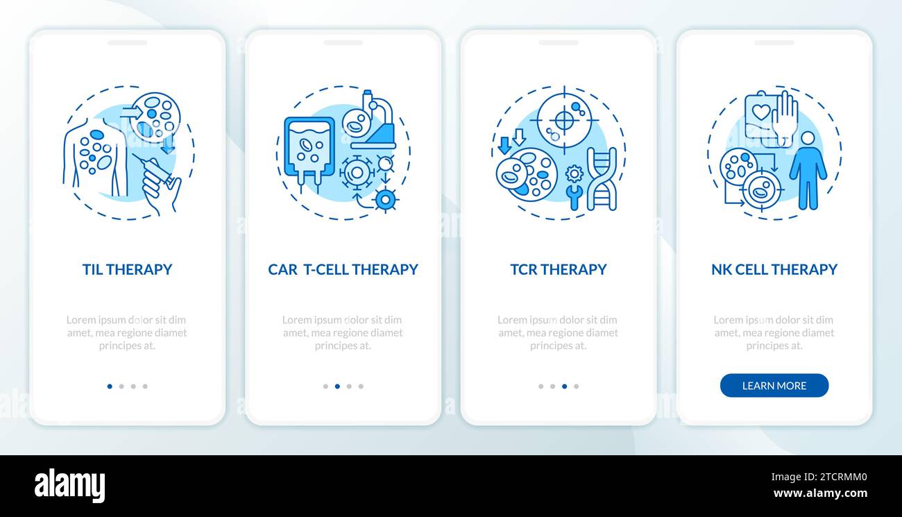 Tipi di immunoterapia dettagliata con icone blu Illustrazione Vettoriale