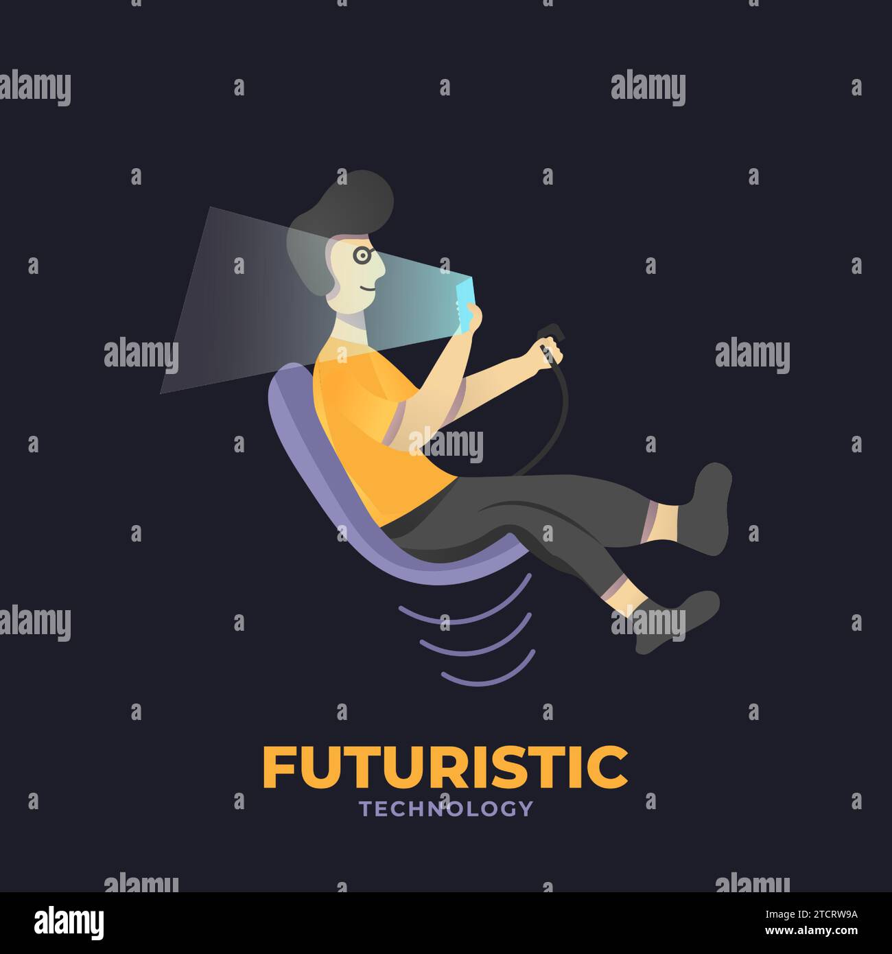 Uomo con tecnologia futuristica. Il personaggio maschile è seduto su una futuristica sedia volante Illustrazione Vettoriale