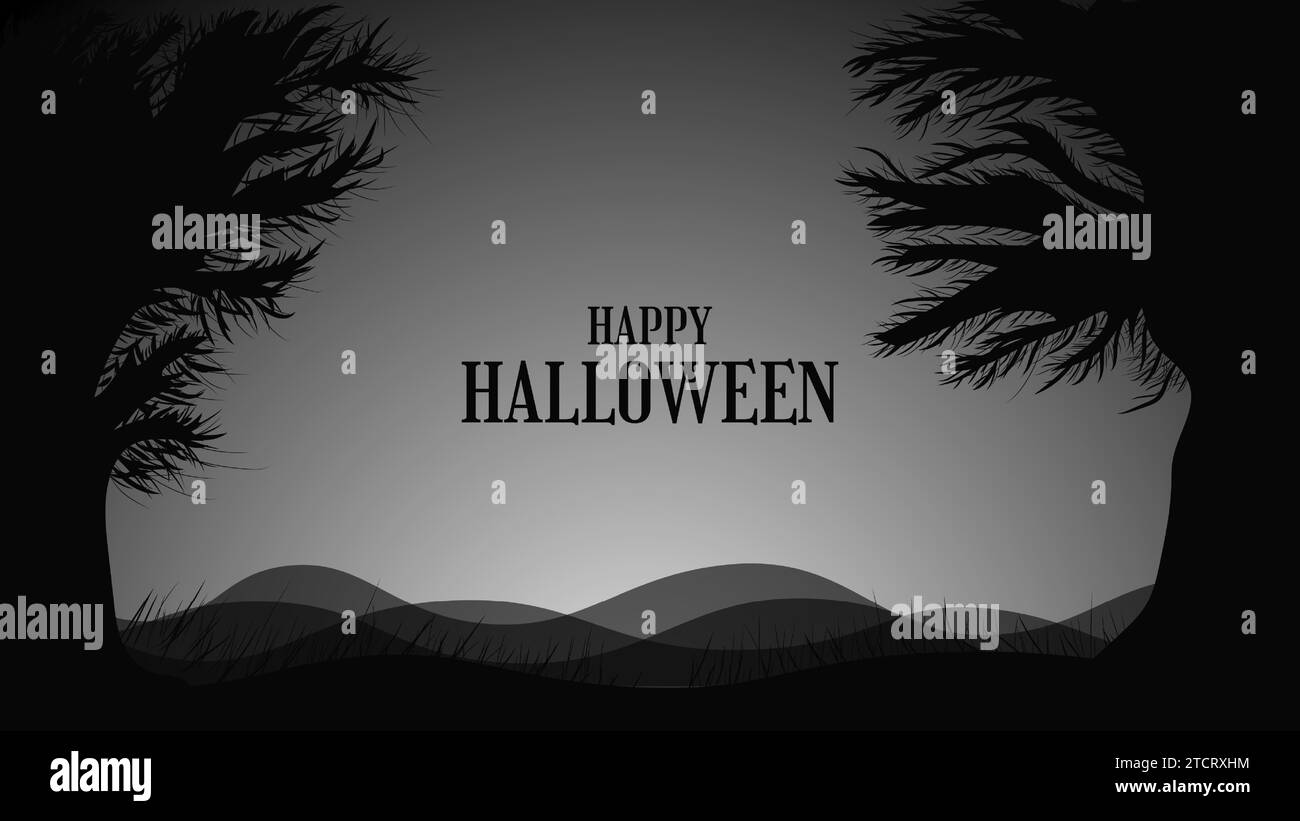Sfondo spaventoso di Halloween con alberi spaventosi e cielo scuro Illustrazione Vettoriale