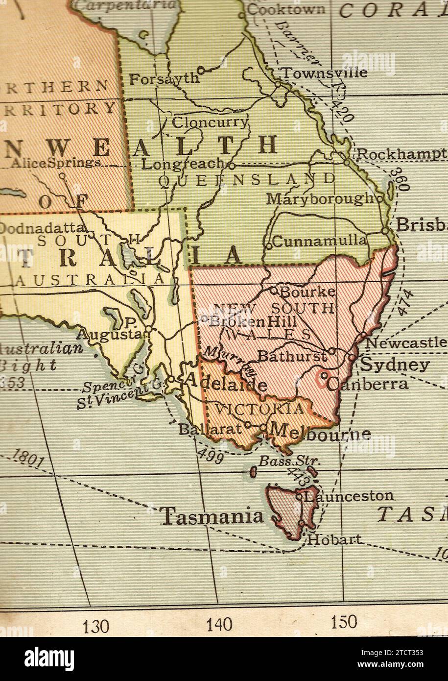 Una mappa politica d'epoca/antica in Australia e Tasmania. Foto Stock