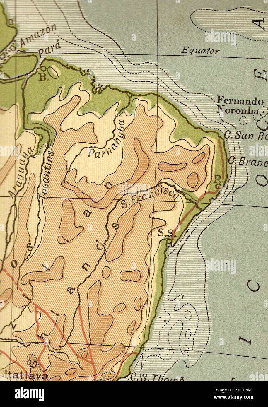 Una mappa geografica antica e d'epoca nella Seppia del Sud America che mostra le Highlands brasiliane. Foto Stock