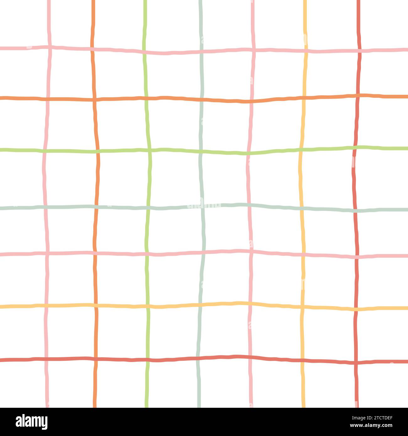 Modello vettoriale a quadri di controllo Doodle Gingham. Verticali e orizzontali tracciati a mano incrociano giallo, rosso, rosa, arancio, grigio, strisce verdi e viola. Chequer Illustrazione Vettoriale