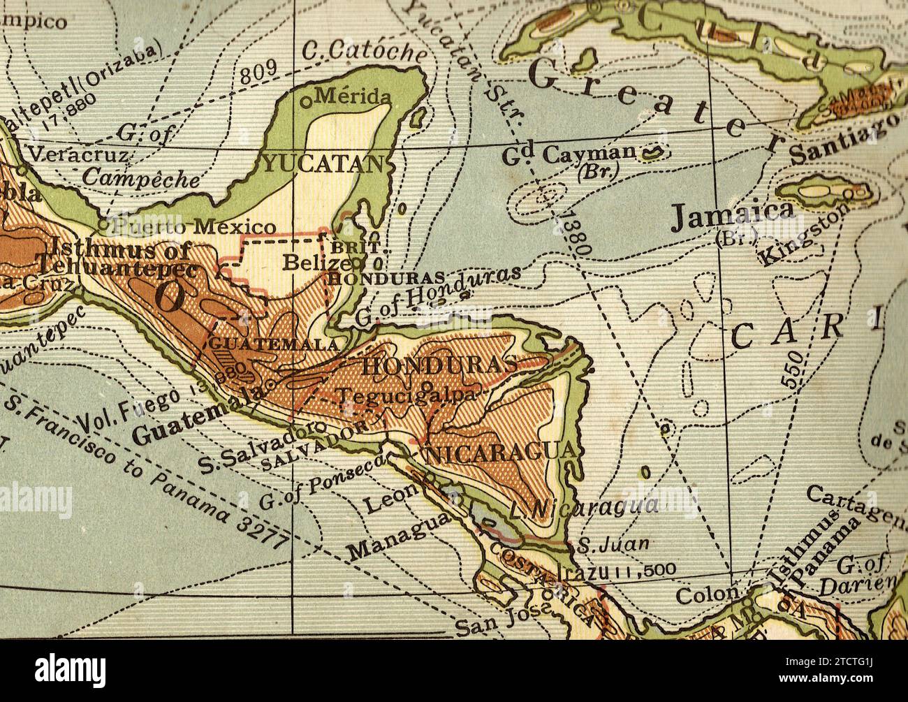 Una mappa geografica d'epoca/antica nella seppia dell'America centrale. Foto Stock
