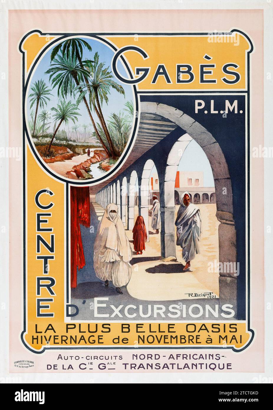 North Africa Transatlantique - Gabès Centre d' Excursions (1921) poster di viaggio in francese antico - opere d'arte di R. Briquet Foto Stock