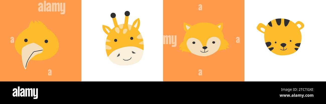 tropicale e foresta simpatici animali semplici facce sfondi. Illustrazione vettoriale con semplici ritratti scandinavi di piccoli animali - kiwi di uccelli, giraffa, volpe, tigre. Utilizzabile per la progettazione di vivai. Illustrazione Vettoriale