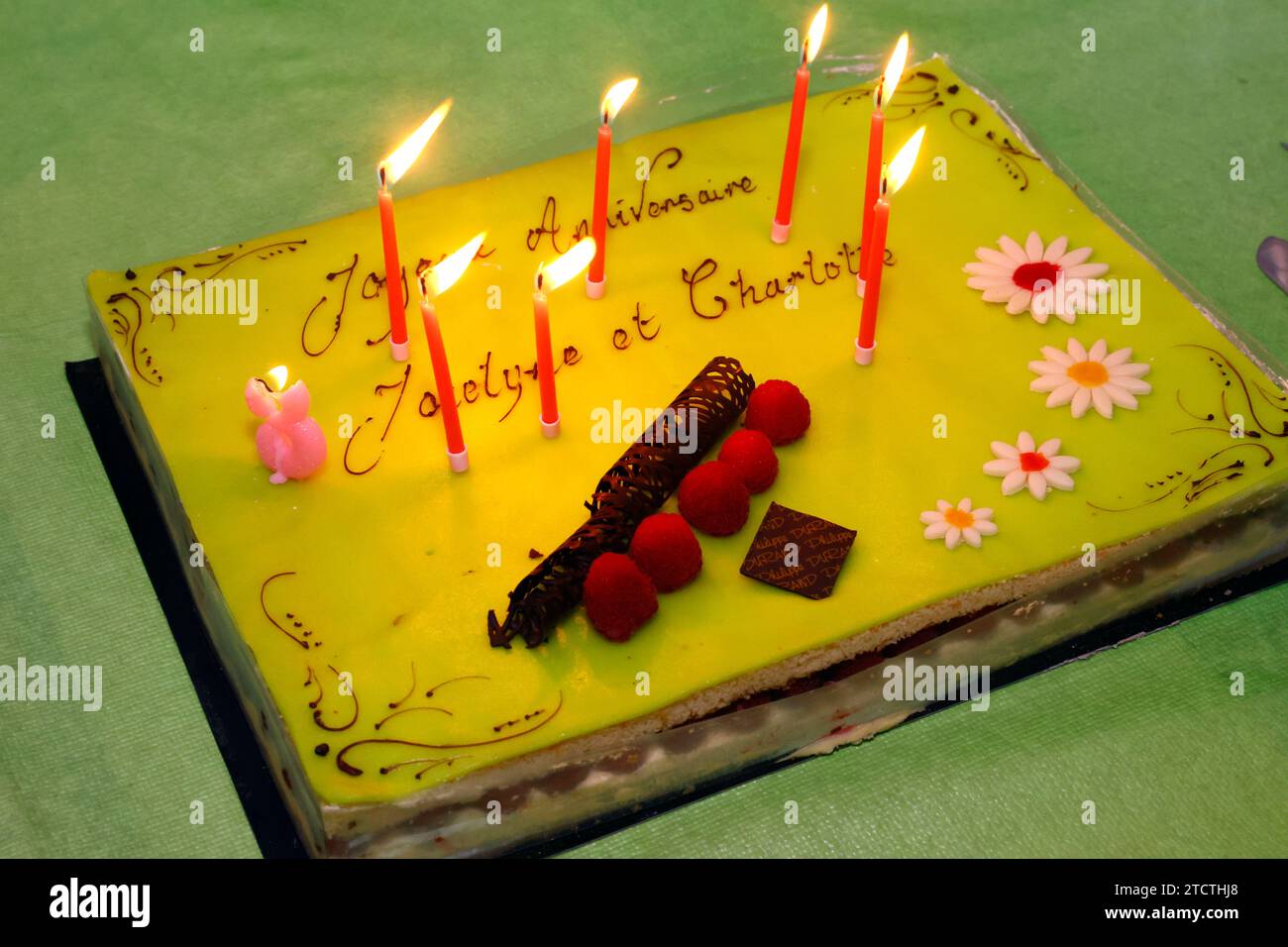 Festa di compleanno a casa. Torta di compleanno con candels. Foto Stock