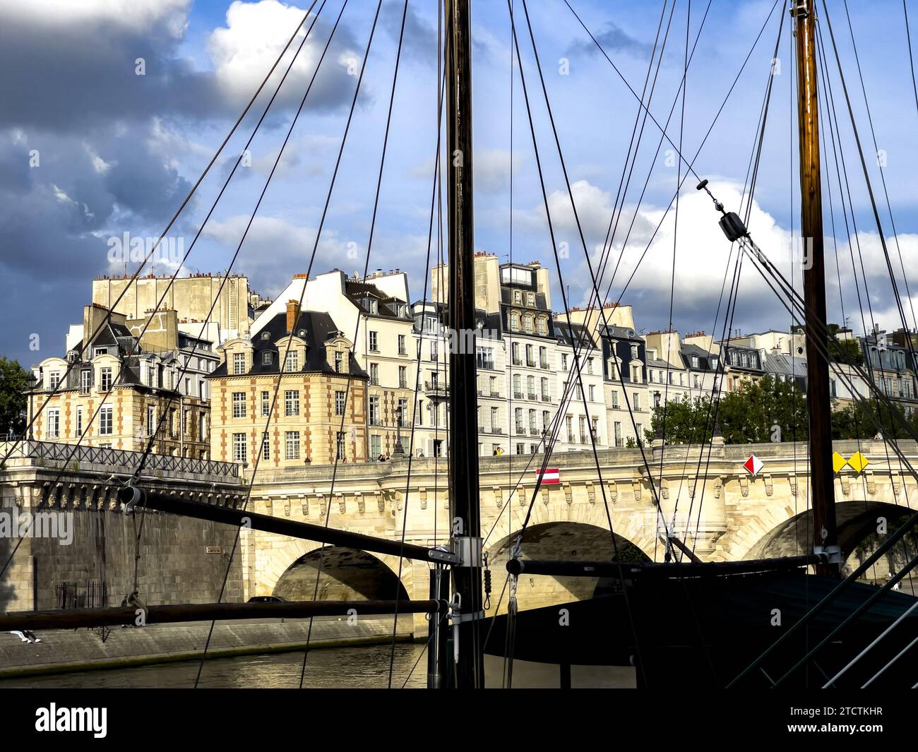 Alberi di barche, ponti ed edifici a Parigi, Francia Foto Stock
