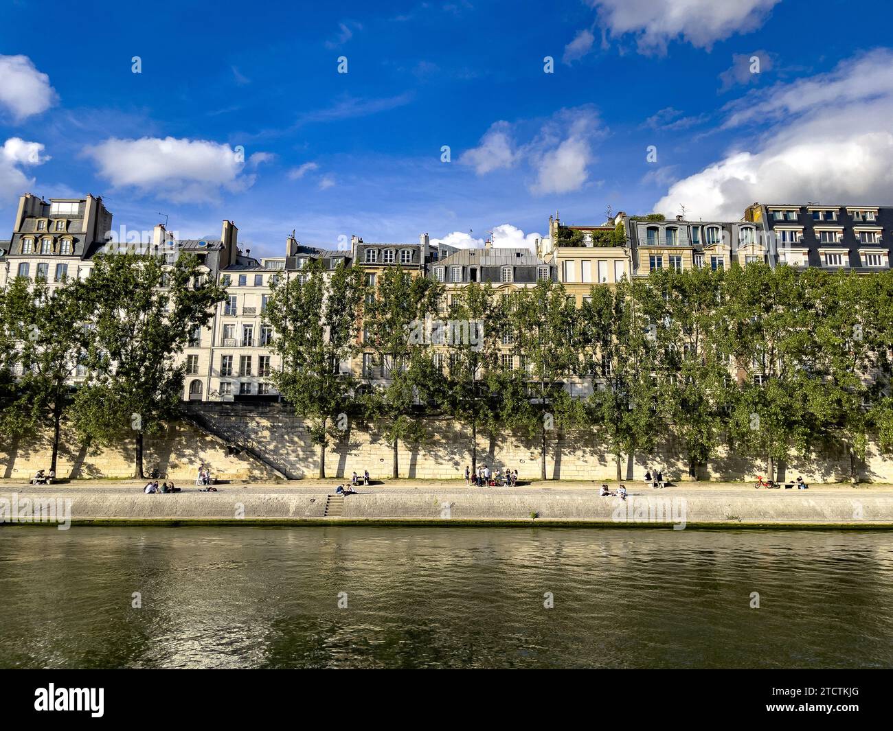 Riva della Senna ed edifici a Parigi, Francia Foto Stock
