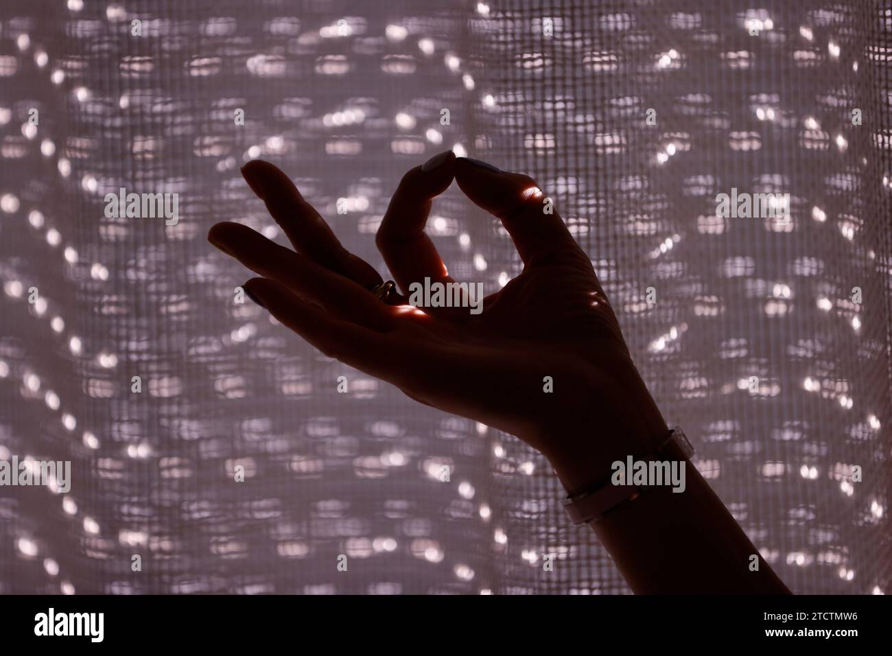 Yoga. Donna serena che medita con la mano nella mudra di gyan. Primo piano a portata di mano. Parigi. Francia. Foto Stock