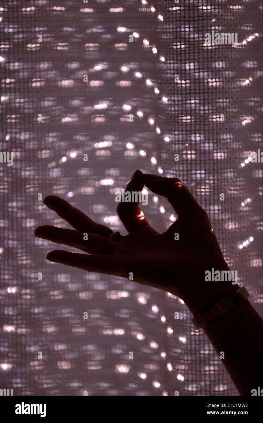 Yoga. Donna serena che medita con la mano nella mudra di gyan. Primo piano a portata di mano. Parigi. Francia. Foto Stock
