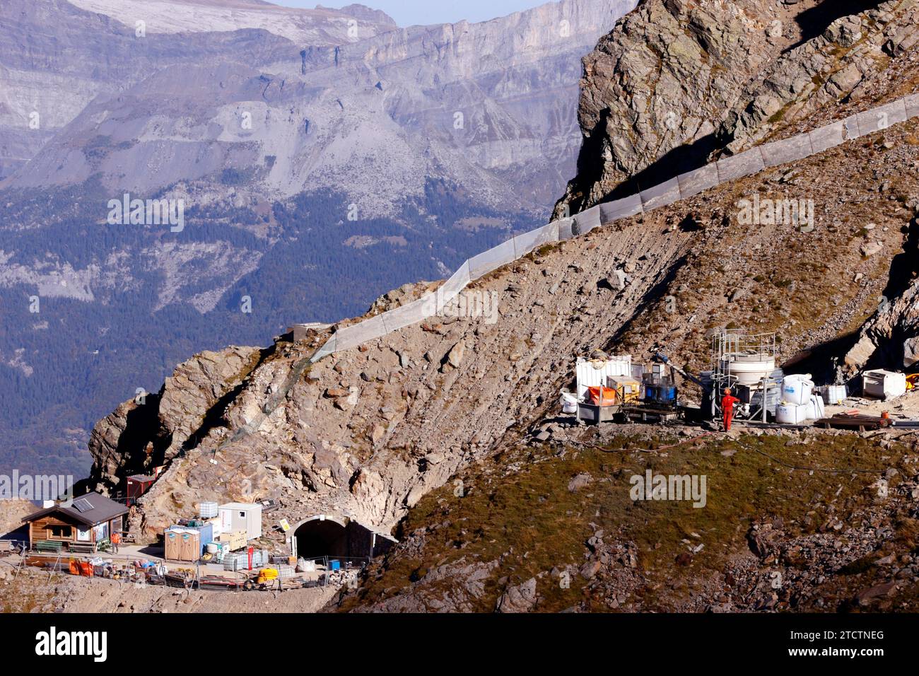 Alpi francesi. Cantiere sulla funivia del Monte bianco (TMB), la linea ferroviaria di montagna più alta della Francia. Capolinea a 2372 m. Saint Gervais. Francia. Foto Stock