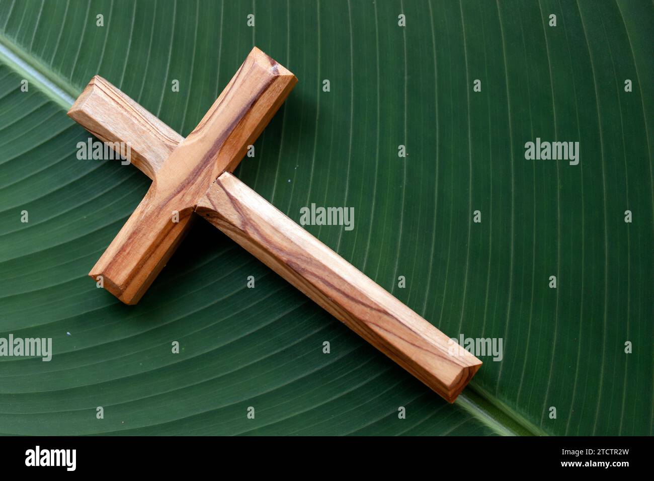 Croce cristiana di legno su una foglia verde. Foto Stock