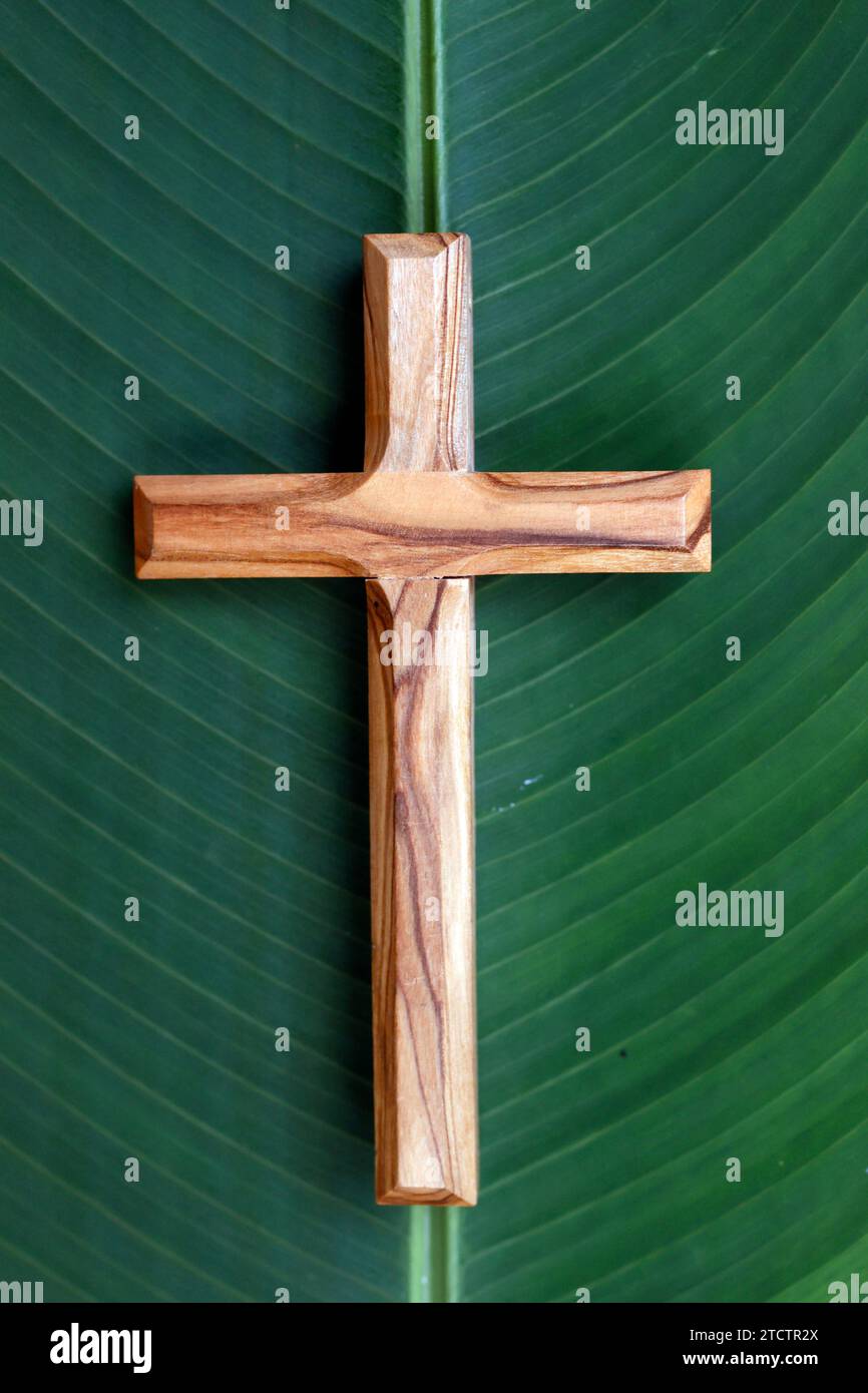 Croce cristiana di legno su una foglia verde. Foto Stock