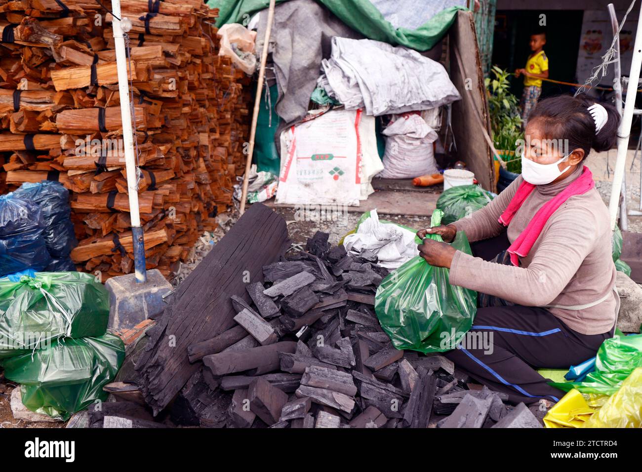 Donna che fa carbone di legno. Duro lavoro. Foto Stock