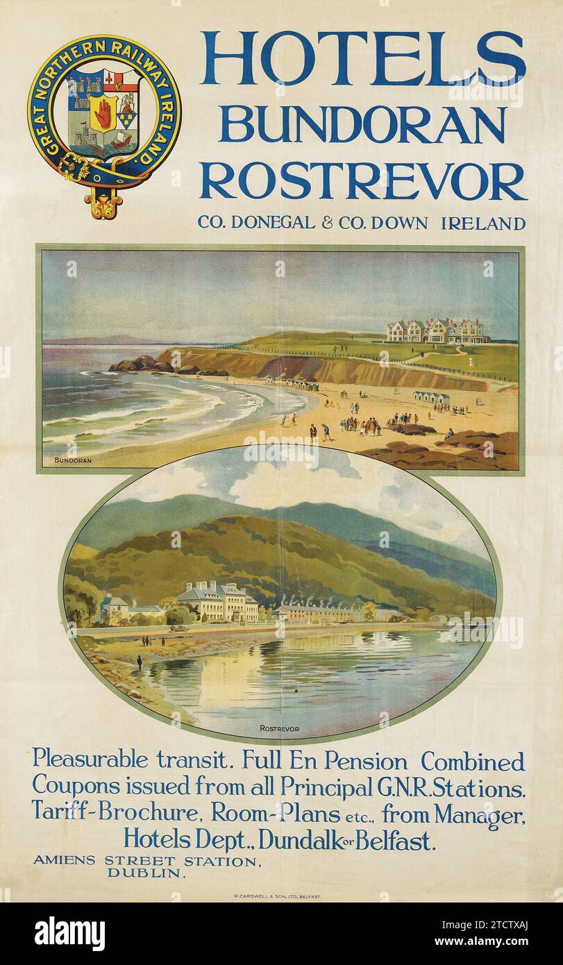 Hotels Bundoran & Rostrevor - promozione delle località balneari nelle contee Donegal e Down, Irlanda, c 1925 Foto Stock