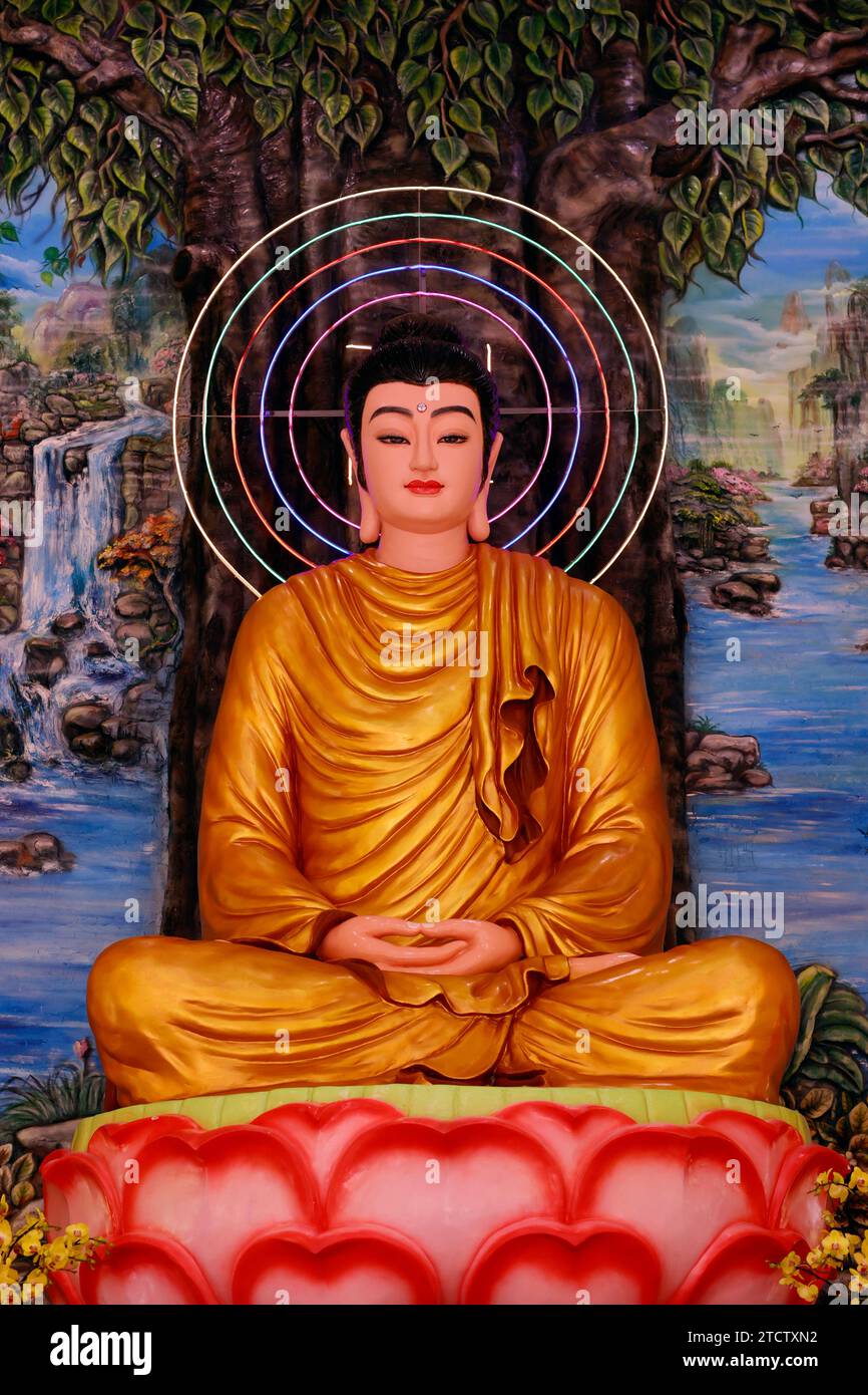 Pagoda buddista Phuoc Hue. Buddha Shakyamuni seduto in meditazione sotto l'albero Bodhi. Vietnam. Foto Stock