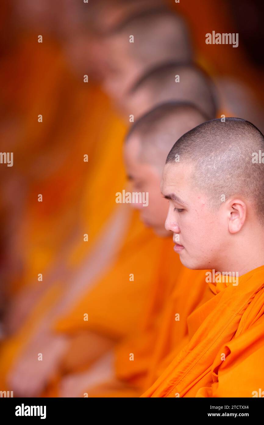 Pagoda buddista Phuoc Hue. Monaci alla cerimonia buddista che pregano nella sala principale. Vietnam. Foto Stock