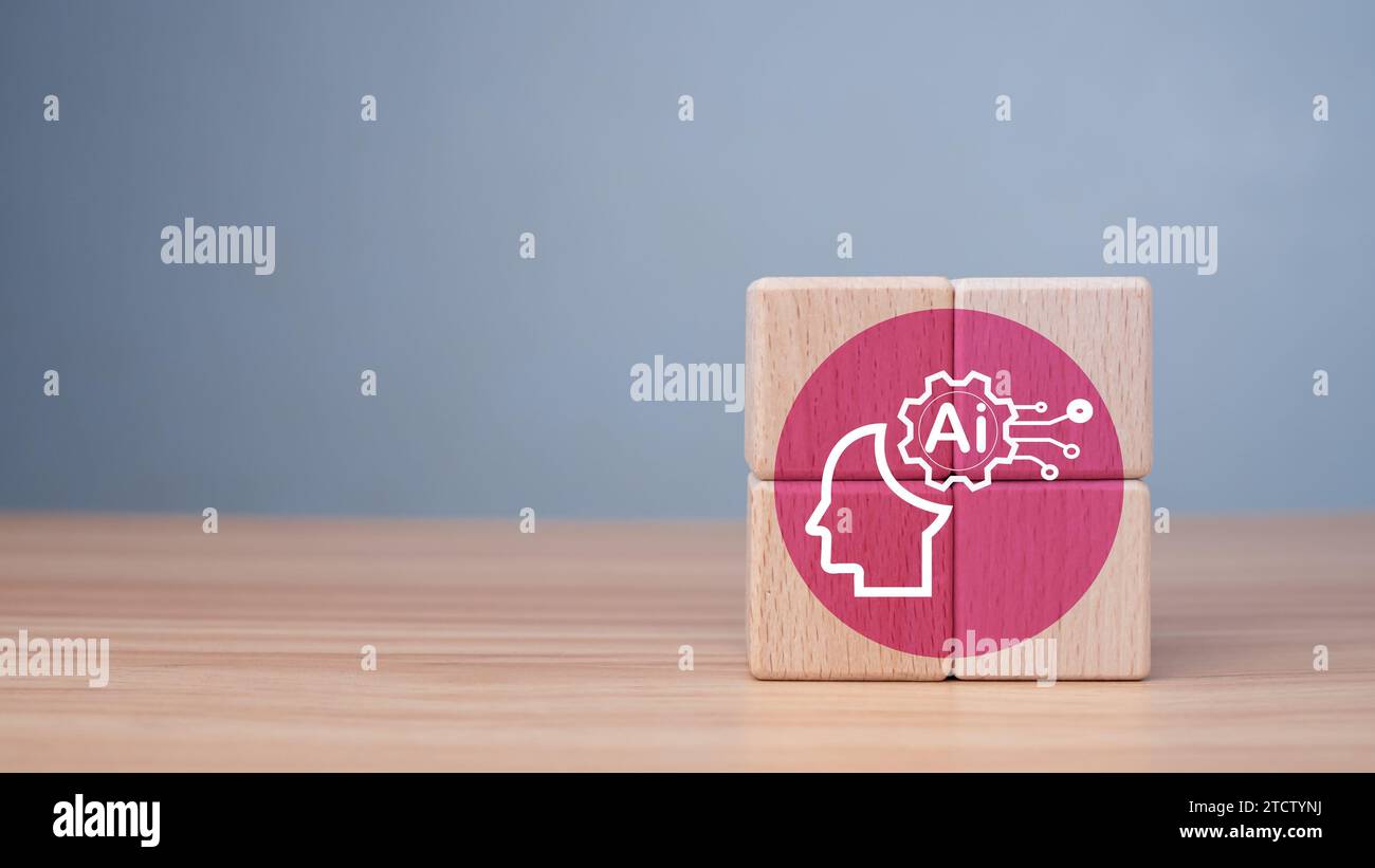 Cubo di legno con icona ai su sfondo in legno, intelligenza artificiale, tecnologia ai. Intelligenza artificiale per aiutare a risolvere i problemi di lavoro e migliorare Foto Stock