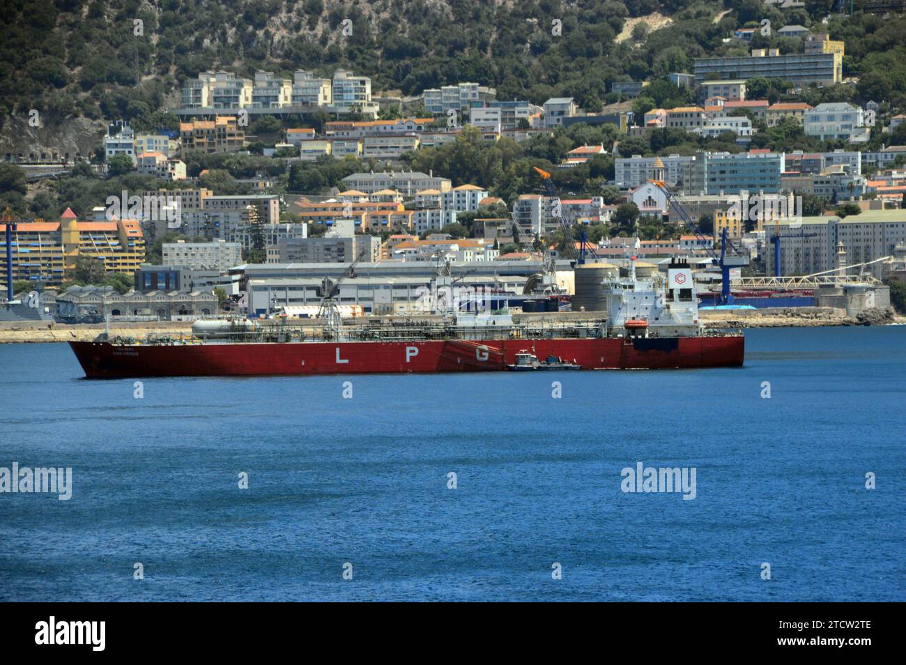 "Gas Venus" una petroliera GPL ancorata nella baia di Gibilterra, BTO, Spagna, UE. Foto Stock