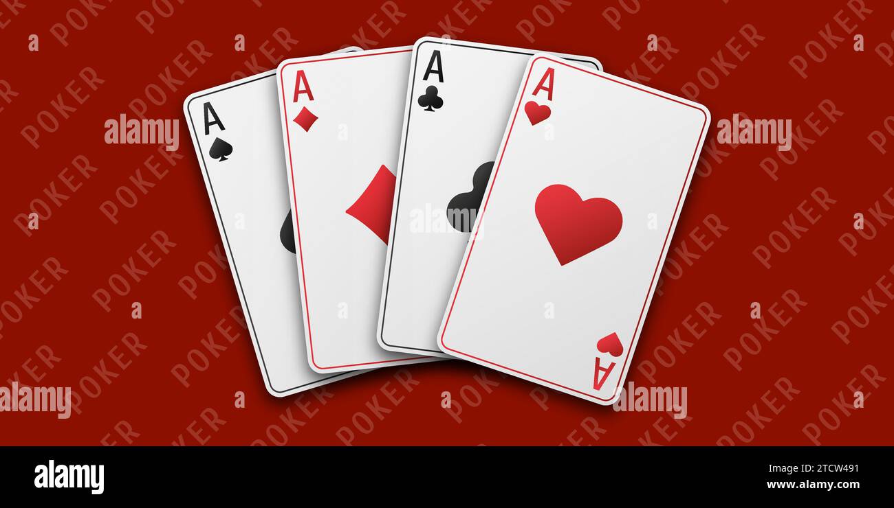 Concetto di poker. Fan delle carte da gioco a mano. Tavolo da gioco rosso. Quattro assi con cuori, mazze, diamanti e picche. Illustrazione Vetor. Illustrazione Vettoriale