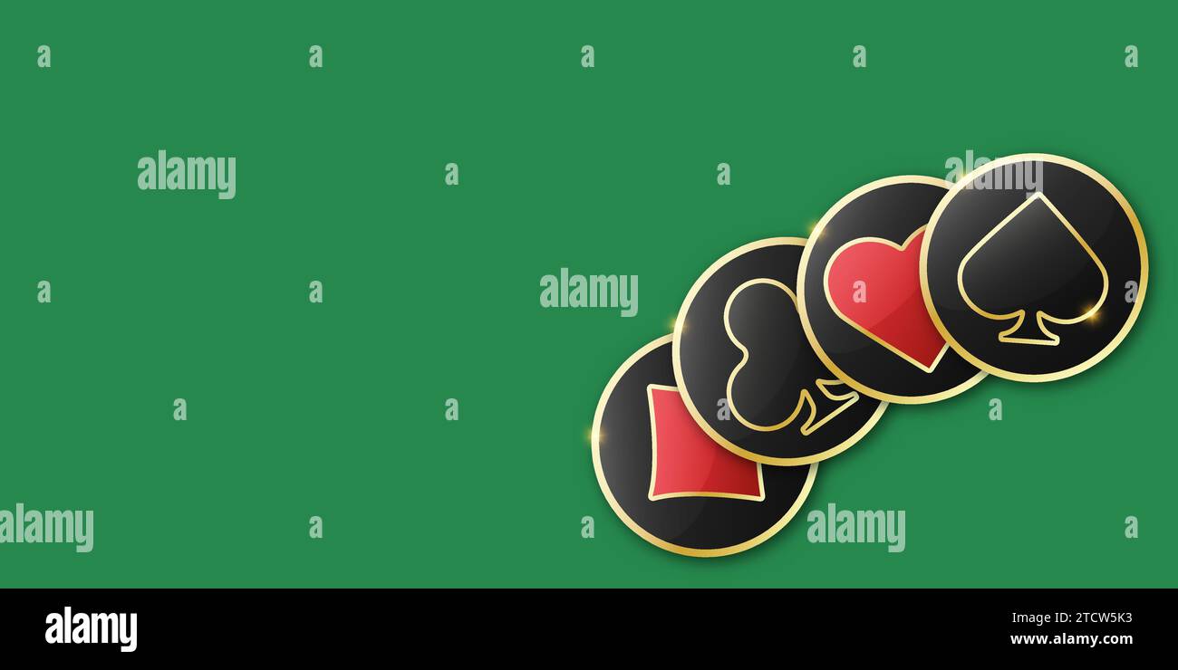 Gettoni da gioco con tute per poker e casinò. Set di monete da poker rosse e nere. Diamanti, club, cuori, picche. Illustrazione vettoriale in verde Illustrazione Vettoriale