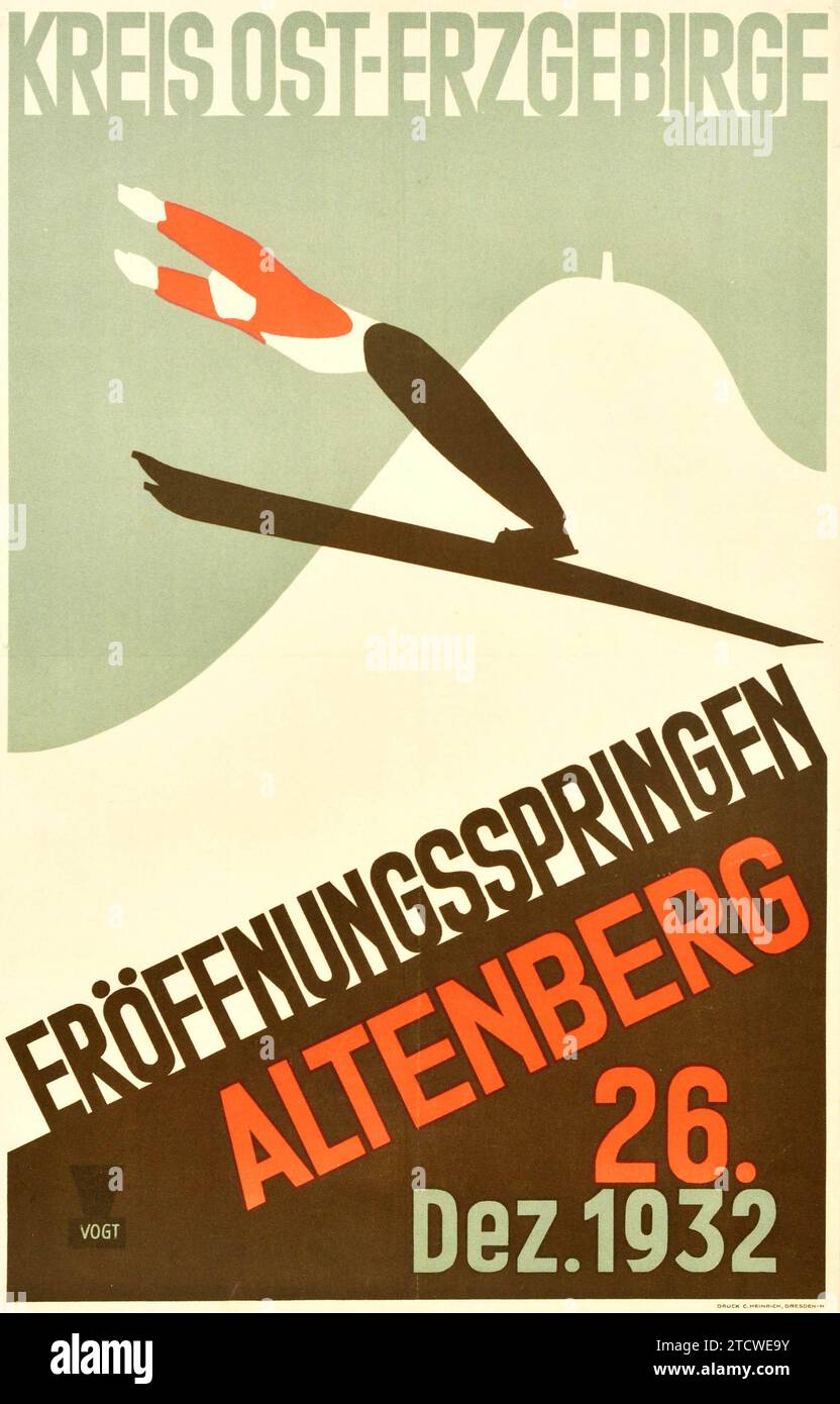 ALTENBERG Eröffnungsspringen - Sci d'epoca poster Sport invernali Kreis Ost Erzgebirge Sci Art Deco, 1932 - salto con gli sci Foto Stock