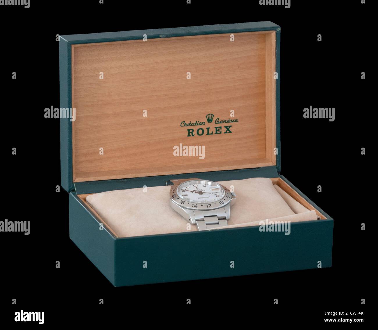 Espositore con un orologio da polso Rolex Oyster di Rolex, un orologiaio svizzero di orologi di lusso. Spolata su sfondo nero. Copenhagen, Danimarca - ottobre Foto Stock