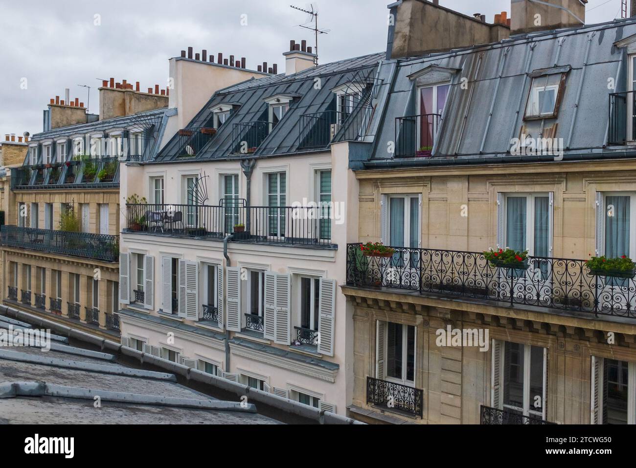 Parigi, Francia. Primo piano di un tipico tetto in zinco Haussmanniano e di appartamenti Foto Stock