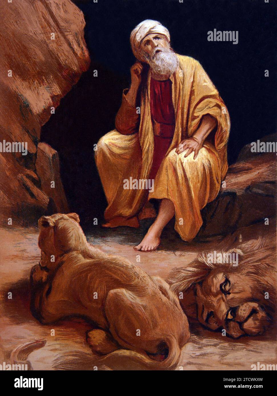Chromolithographic Print of Daniel in the Den of Lions (Libro di Daniele) di P.R.Morris da Antique Bible Foto Stock