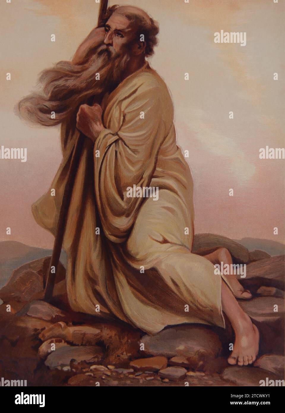 Chromolitho Stampa di Mosè che guarda la Terra promessa dalla Bibbia antica del XIX secolo Foto Stock