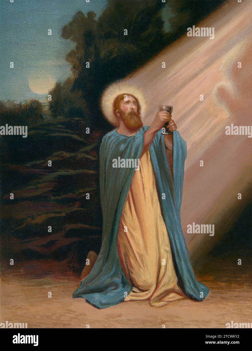 Illustrazione di Gesù Cristo che prega nel Giardino del Getsemani quando e Angelo apparvero dal cielo e gli diedero forza (Luca) da P.R.Morris Foto Stock