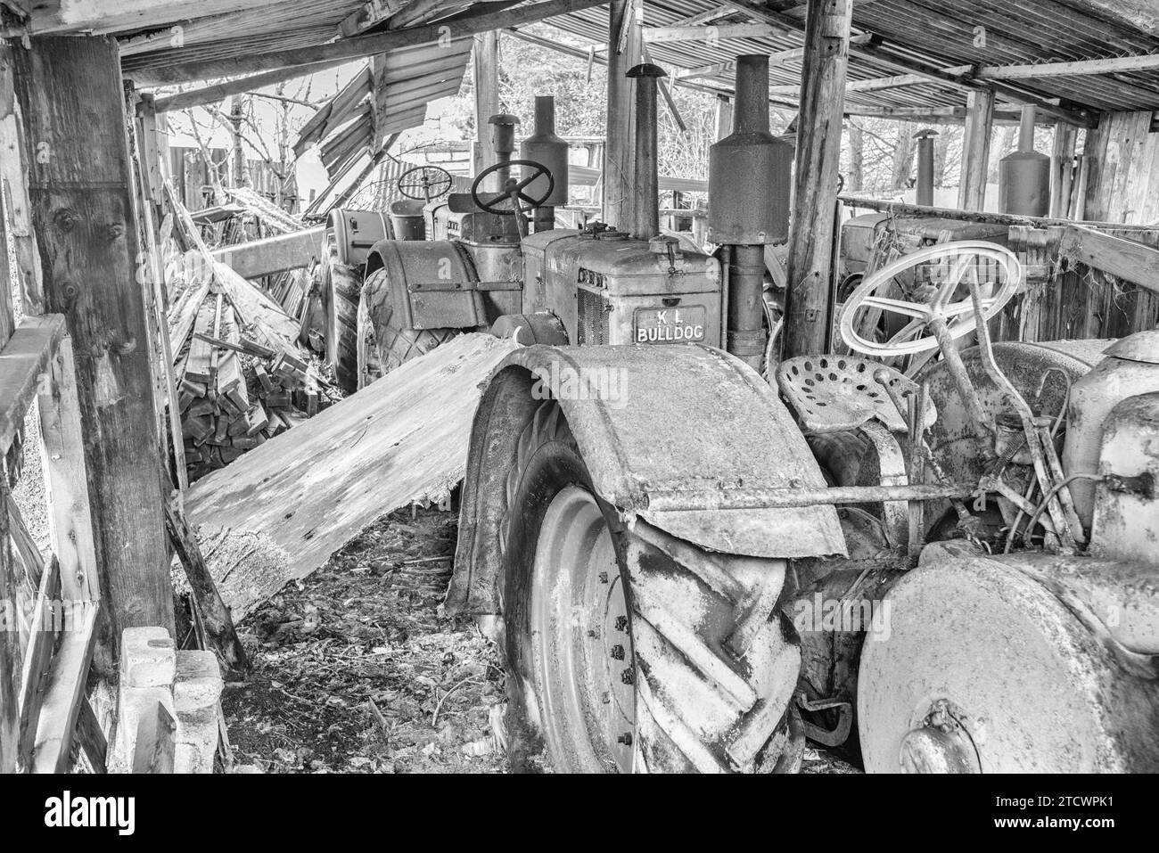 Un certo numero di vecchi trattori (Lanz Bulldog) si deteriorano mentre sono sotto copertura da un vecchio capannone/edificio esterno. Foto Stock