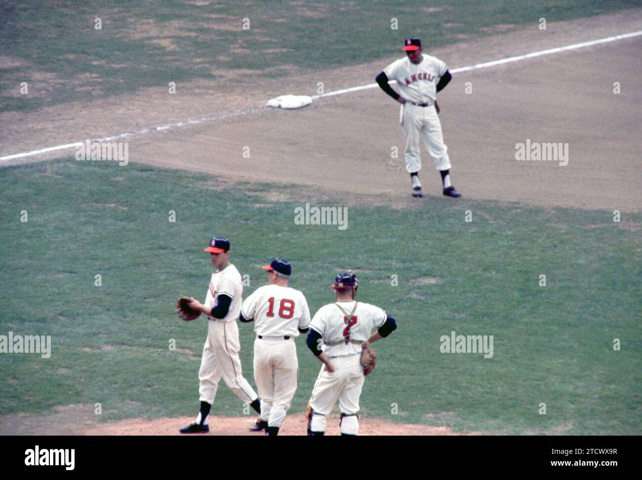 LOS ANGELES, CA - 14 GIUGNO: il lanciatore Bo Belinsky n. 36 dei Los Angeles Angels viene tolto dalla partita dal manager Bill Rigney n. 18 mentre il ricevitore Buck Rodgers guarda durante una partita della MLB contro i Minnesota Twins il 14 giugno 1962 al Dodger Stadium di Los Angeles, California. (Foto di Hy Peskin) *** didascalia locale *** Bo Belinsky;Bill Rigney;Buck Rodgers Foto Stock