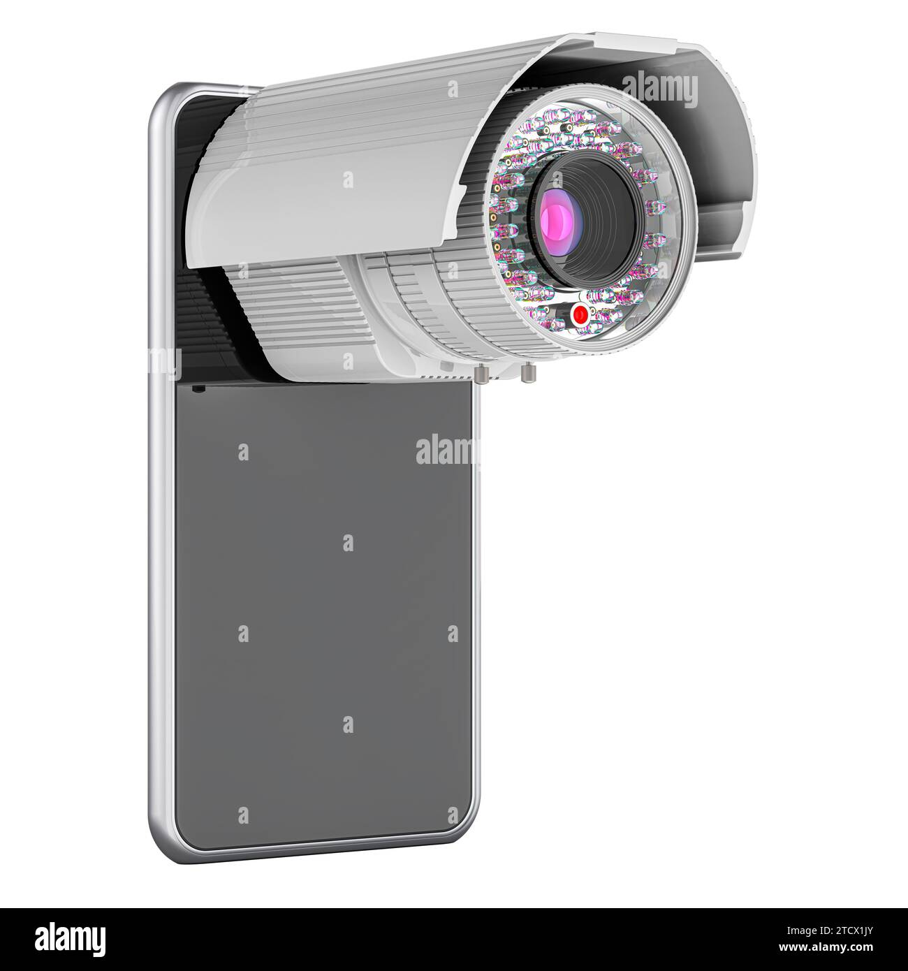 Smartphone con telecamera di sicurezza, rendering 3D isolato su sfondo bianco Foto Stock