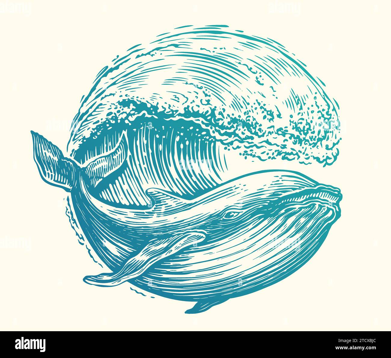 Balene e onde marine. Emblema in forma cerchio sul tema dell'avventura, del viaggio e della scoperta del mare Illustrazione Vettoriale