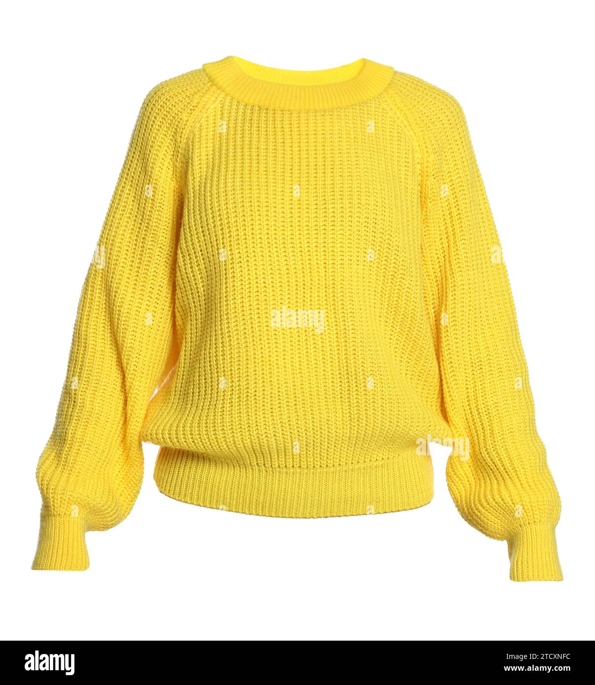 Un maglione in maglia gialla isolato su bianco Foto Stock