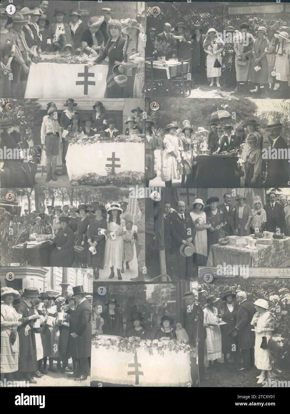 05/31/1919. Dal festival dei fiori di Madrid. 1.-posizione della contessa di Romanones (X). 2.-della marchesa di Urquijo (X).3.-della marchesa di Villabragima (X). 4.-della Marchesa di Comillas (X). 5.-della marchesa di Baztan (X). 6.-della marchesa di al Hoceima. 7.-della contessa di San Luis (X). 8.-Signor La Cierva, e il 9, signor Maura, consegnano la sua donazione. Crediti: Album / Archivo ABC / Julio Duque,José Zegri Foto Stock