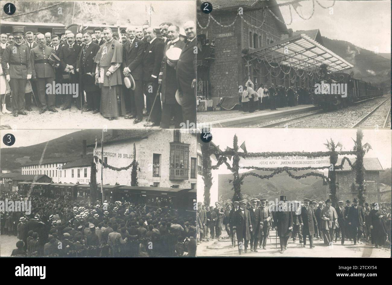 09/03/1919. Inaugurazione della ferrovia basca-Navarra. 1.-il Ministro dello sviluppo (1), il Vescovo della Diocesi (2) e il Sig. Eduardo dato (3), sulla piattaforma della stazione di Vergara. 2.-arrivo del primo treno a Vergara. 3.-il treno inaugurale a Mondragón. 4.-la delegazione ufficiale che entra nella Villa de Mondragón. Crediti: Album / Archivo ABC / Martín Foto Stock