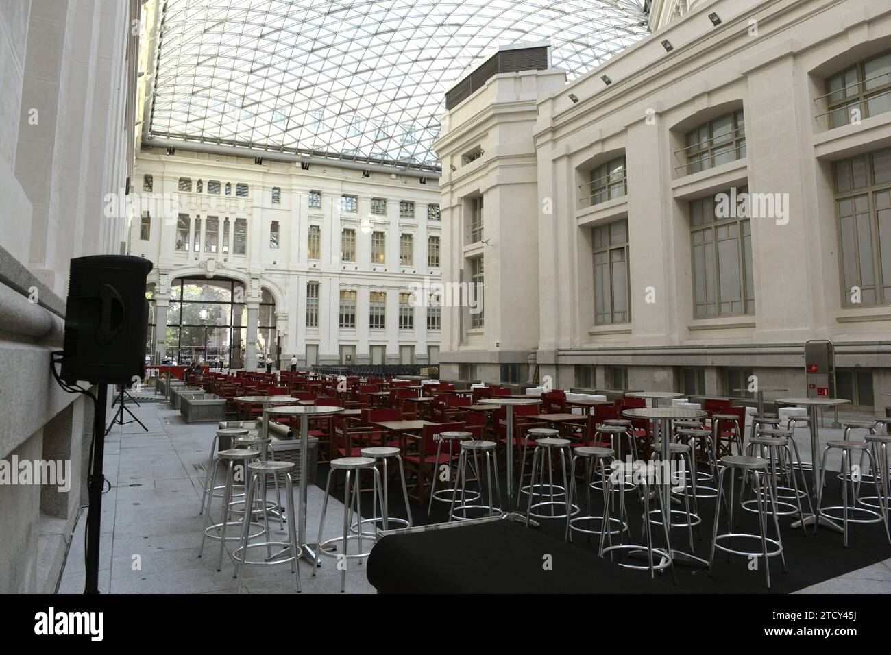 Madrid, 06/30/2015. Il cinema estivo al Palacio Comunicaciones di Cibeles sta finalizzando i dettagli per la prima di domani della stagione. Foto: Maya Balanya ARCHDC. Crediti: Album / Archivo ABC / Maya Balanya Foto Stock