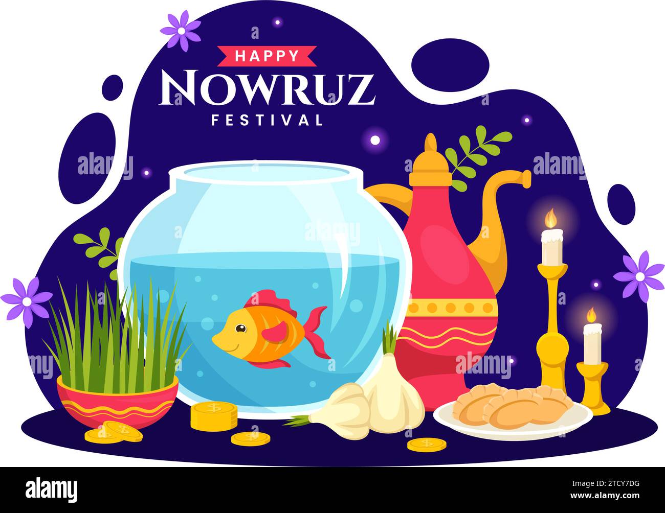 Illustrazione vettoriale di Happy Nowruz Day. Traduzione: Capodanno persiano, il 20 marzo con vetro, pesce, ornamenti uova e erba Semeni a fondo piatto Illustrazione Vettoriale