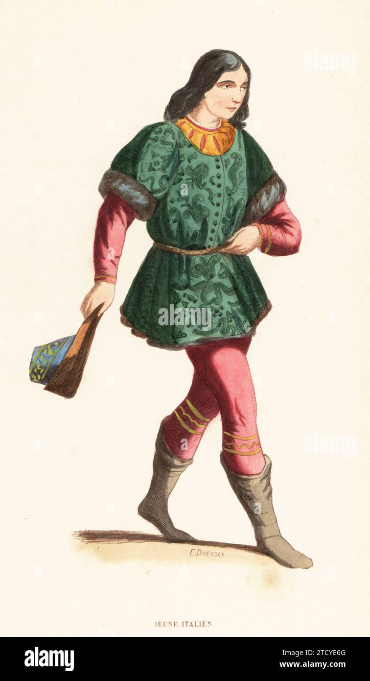 Costume di un giovane italiano, XV secolo. Con un berretto a punta, tunica damasca verde con finitura in pelliccia, doppietto in velluto, tubo e stivali in pelle. Da una miniatura nella Bibbia di Urbino illuminata, la Biblioteca Vaticana. Jeune Italien, XVe siecle. Incisione in legno a mano di Evrard Duverger da Costume du Moyen Age di Jacques Joseph van Beveren, Costume medievale, Librairie Historique-Artistique, Bruxelles, 1847. Foto Stock
