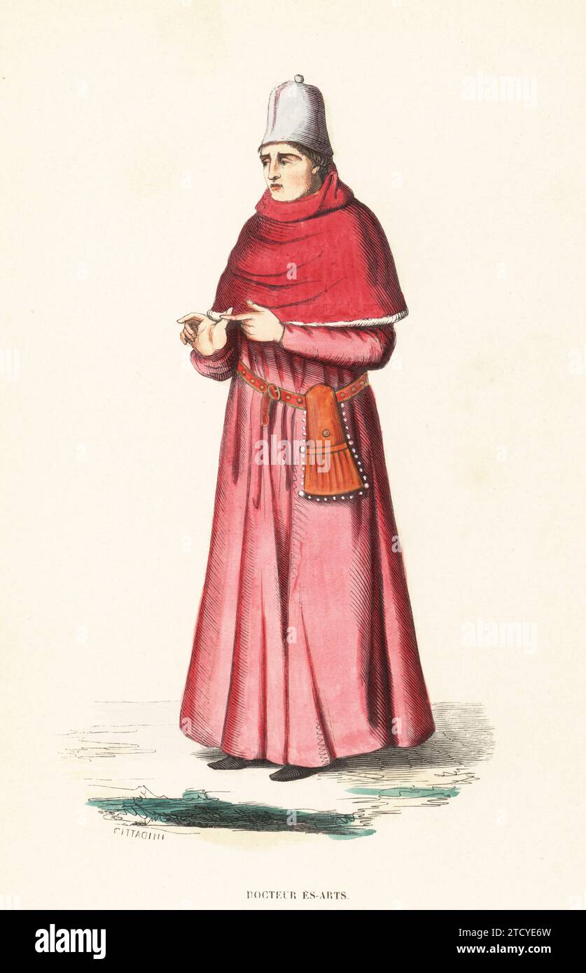 Dottore in Arti, XV secolo. Cappello barrette, mantello a spalla foderato in pelliccia