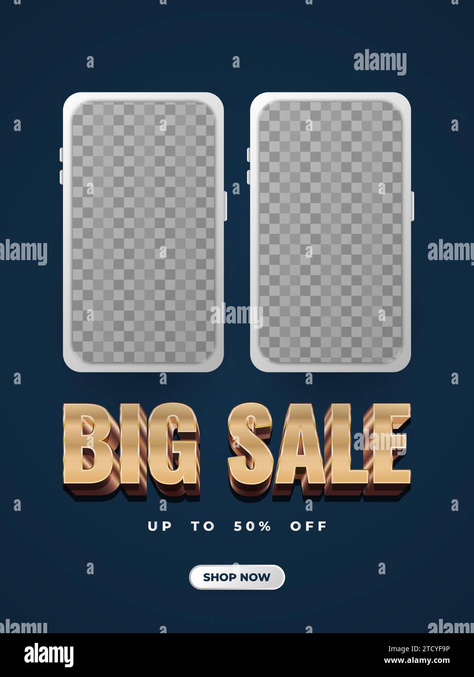 Modello banner per grandi vendite con testo in oro 3d e smartphone su sfondo blu. Feed di social media o modelli di storia Illustrazione Vettoriale