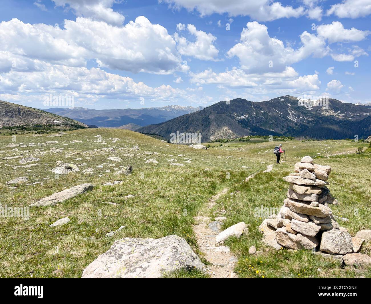 Escursionista solitario su un sentiero con segnaletica di cairn in mezzo alla vasta distesa alpina del Parco Nazionale delle Montagne Rocciose. Foto Stock