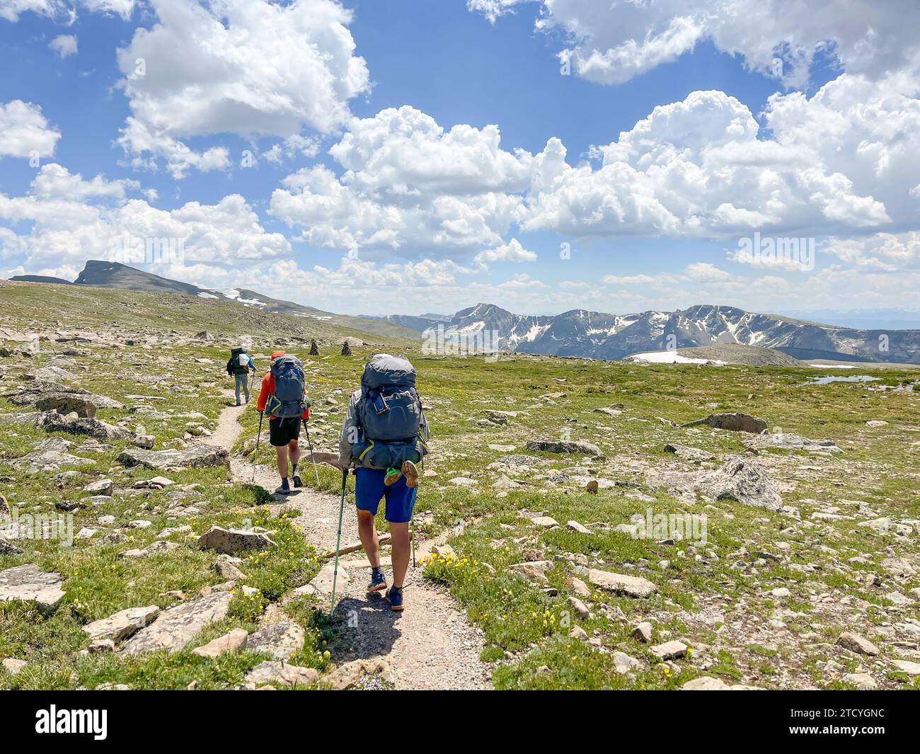 Gli escursionisti con zaini attraversano l'aspra distesa del North Inlet Trail, ammirando le ampie vedute del Parco Nazionale delle Montagne Rocciose. Foto Stock