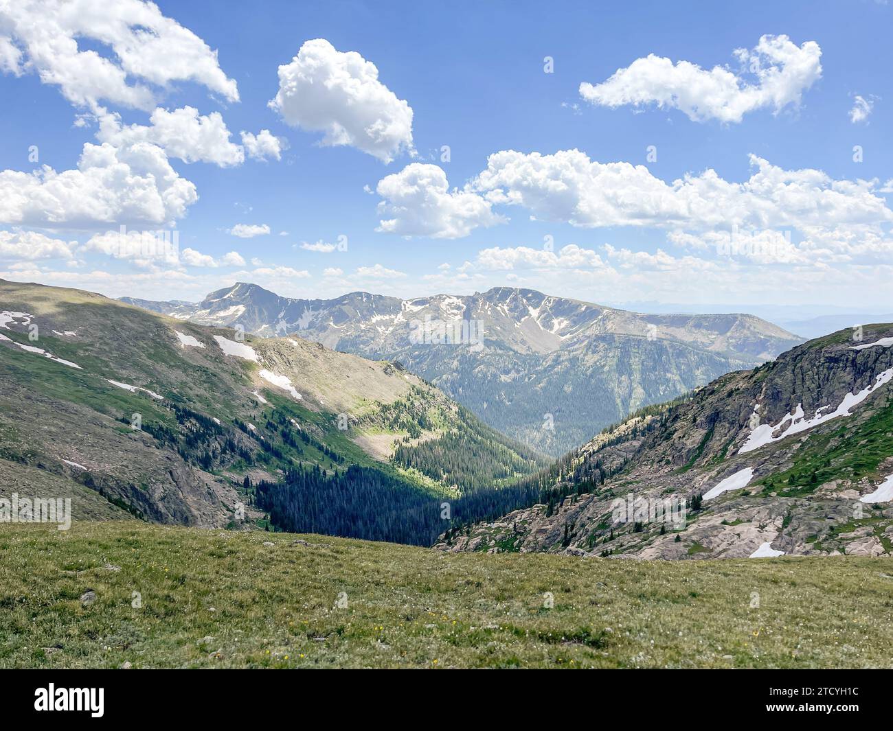 Ampie vedute delle valli verdeggianti e delle aspre cime delle montagne sotto un cielo punteggiato di nuvole nel tranquillo Parco Nazionale delle Montagne Rocciose. Foto Stock