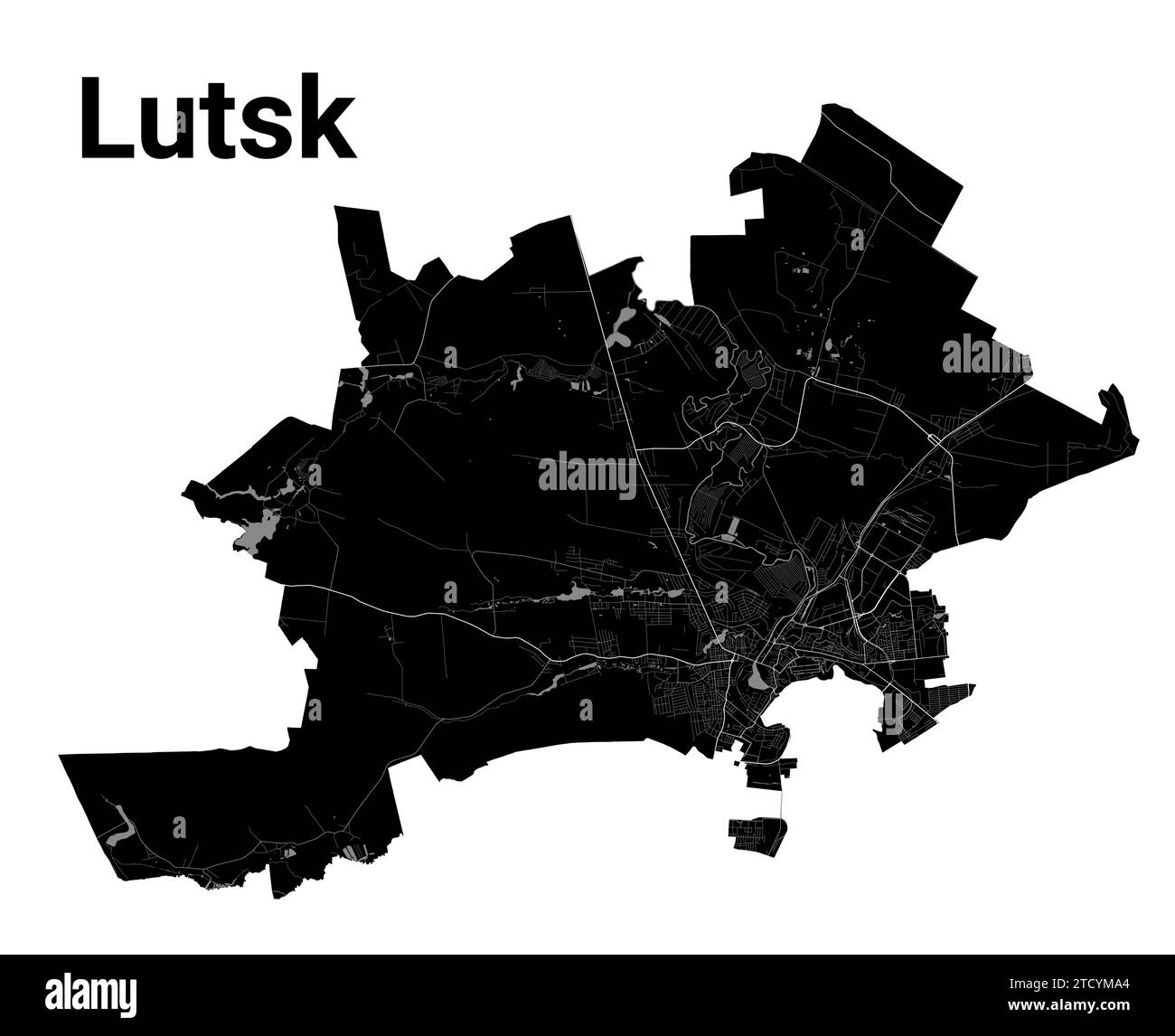 Mappa della città di Lutsk, Ucraina. Confini amministrativi comunali, mappa dell'area bianca e nera con fiumi e strade, parchi e ferrovie. Illustrazione vettoriale. Illustrazione Vettoriale