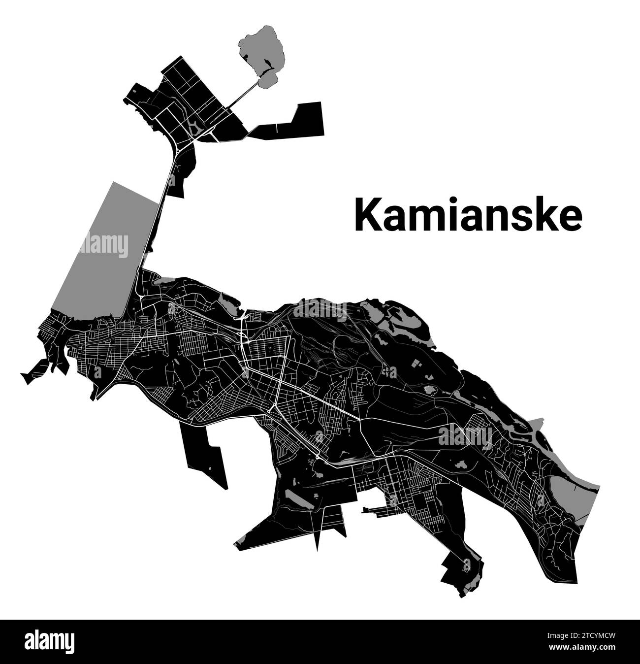 Mappa della città di Kamianske, Ucraina. Confini amministrativi comunali, mappa dell'area bianca e nera con fiumi e strade, parchi e ferrovie. Illustrazione vettoriale Illustrazione Vettoriale