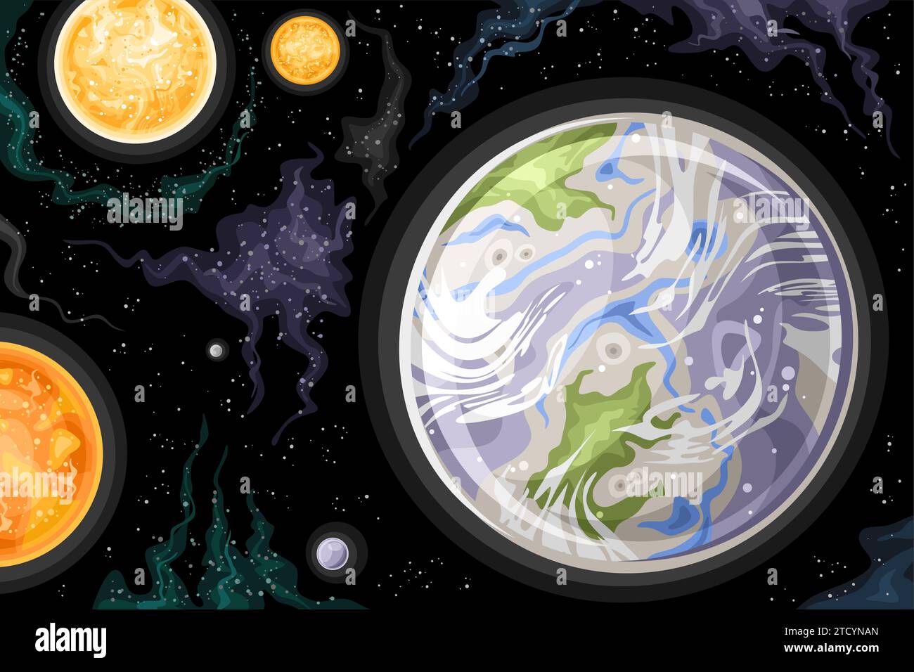 Vector Fantasy Space Chart, poster astronomico orizzontale con design a cartoni animati Alpha Centauri Stellar System a tripla stella nello spazio profondo, fut decorativo Illustrazione Vettoriale