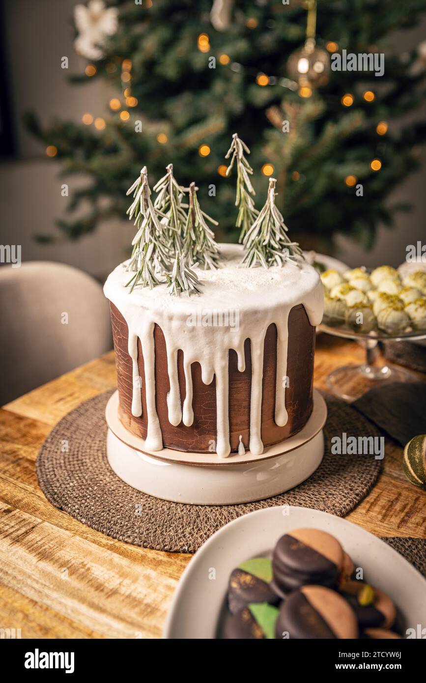 Tavolo per dessert di Natale. Torta glassa decorata con ramoscello di spille Foto Stock